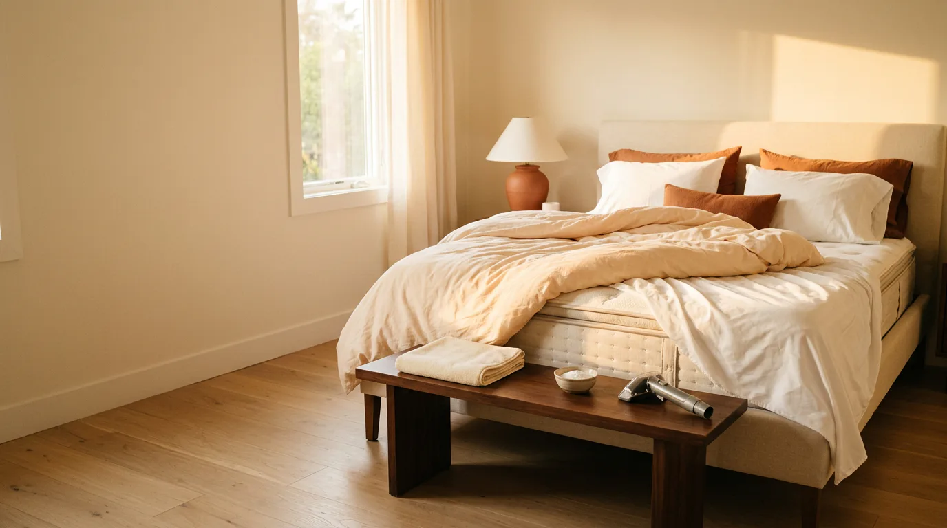 A warm golden-hour Los Angeles bedroom with a partially stripped mattress and gentle cleaning tools on a wood bench