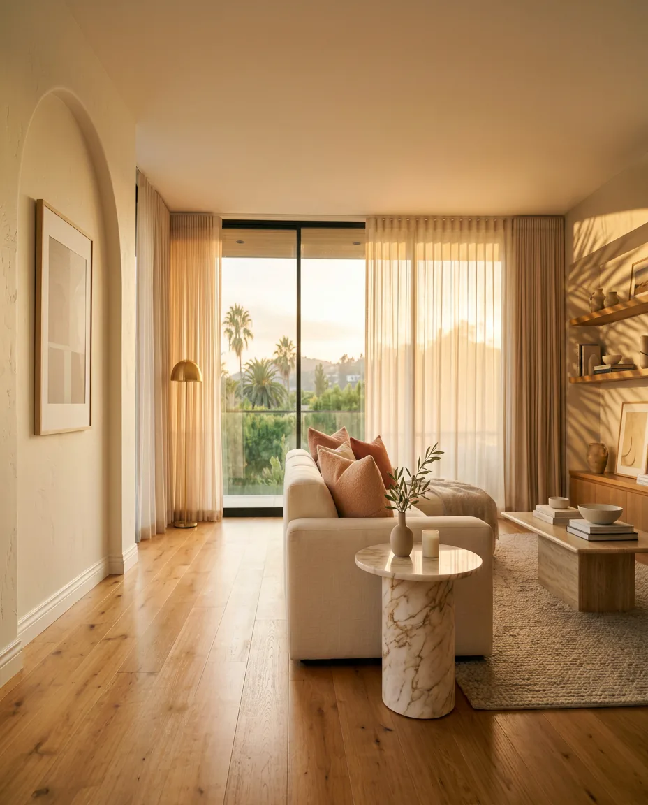 A spotless, sunlit Sherman Oaks living room with warm oak floors, marble, linen seating, and hillside greenery at golden hour
