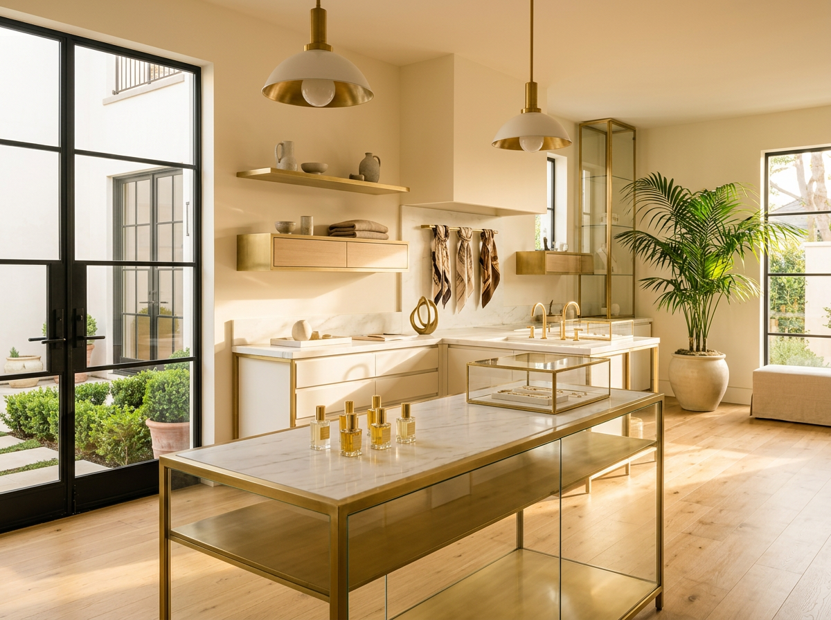 Pristine upscale LA retail showroom with polished floors, glass display cases, and brushed brass accents