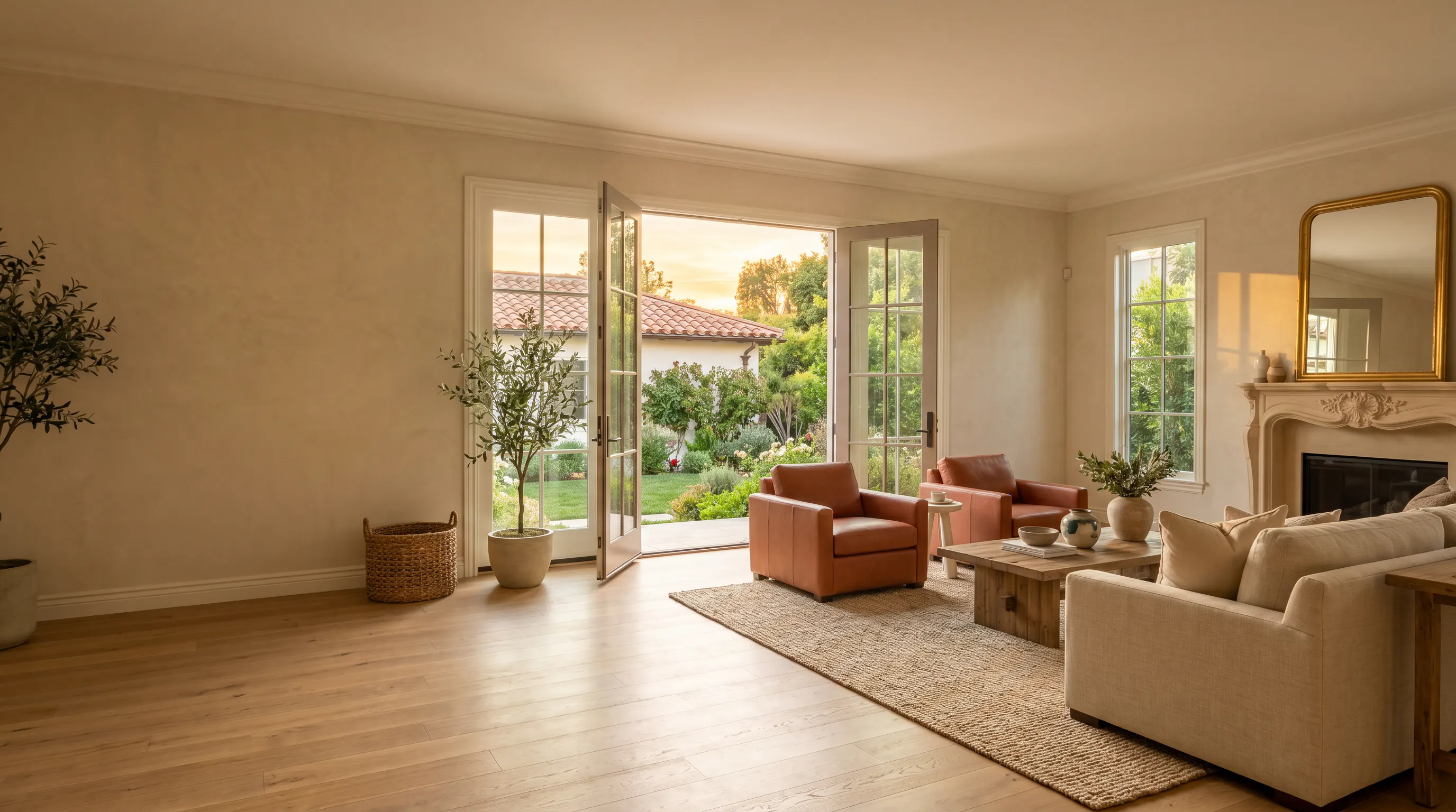 Sunlit, immaculately cleaned luxury Burbank living room opening onto a California garden at golden hour