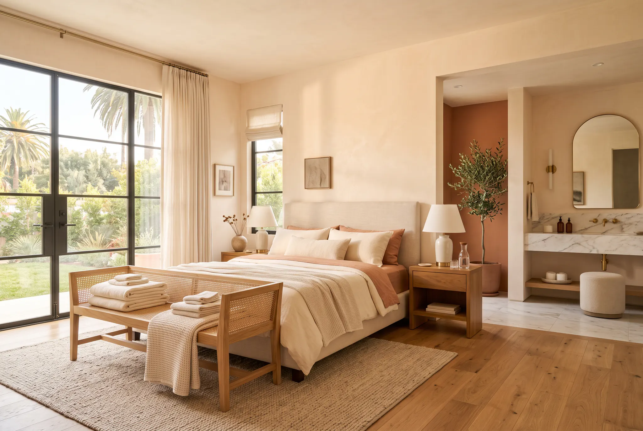 Serene Los Angeles bedroom with folded linens and a spotless marble vanity