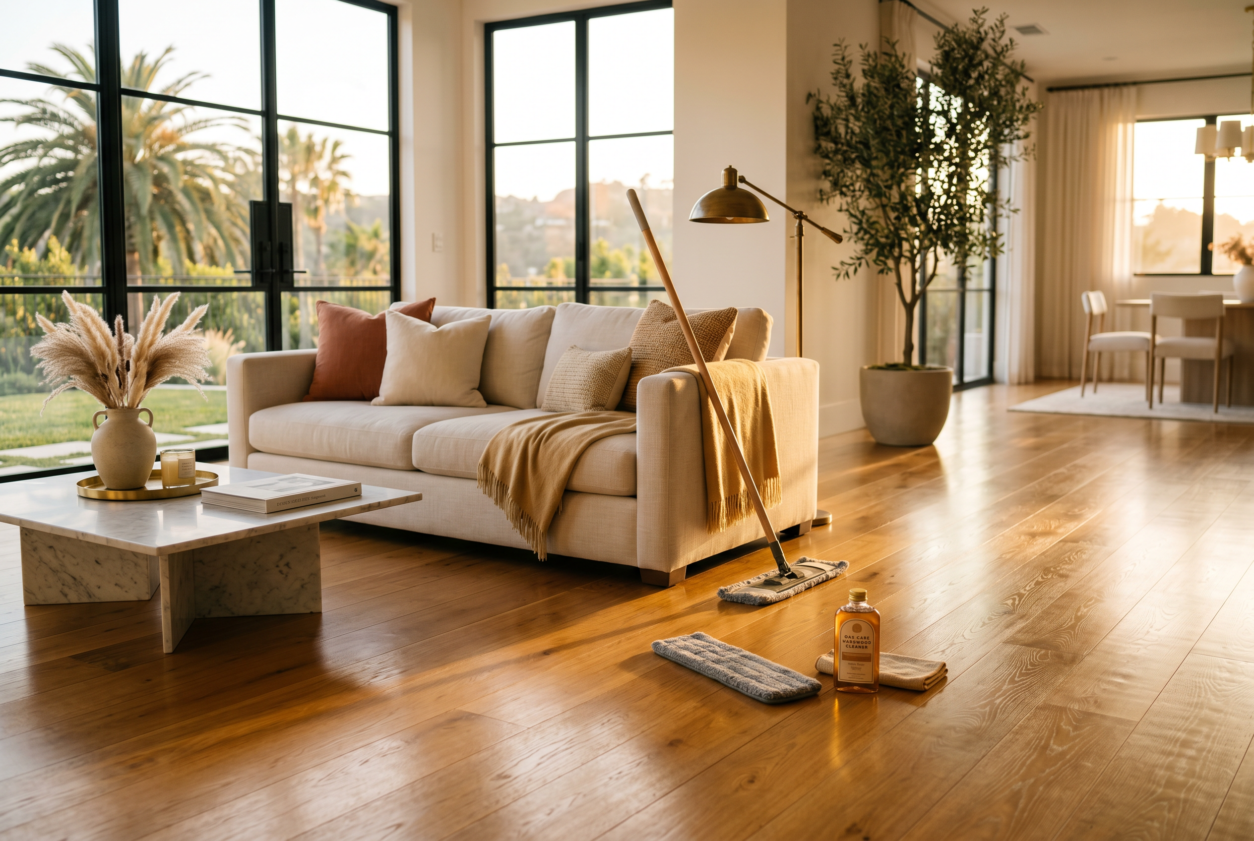 Gleaming honey-oak hardwood floors in a sun-drenched Los Angeles living room at golden hour, with a microfiber mop and a bottle of hardwood cleaner resting on the polished wood