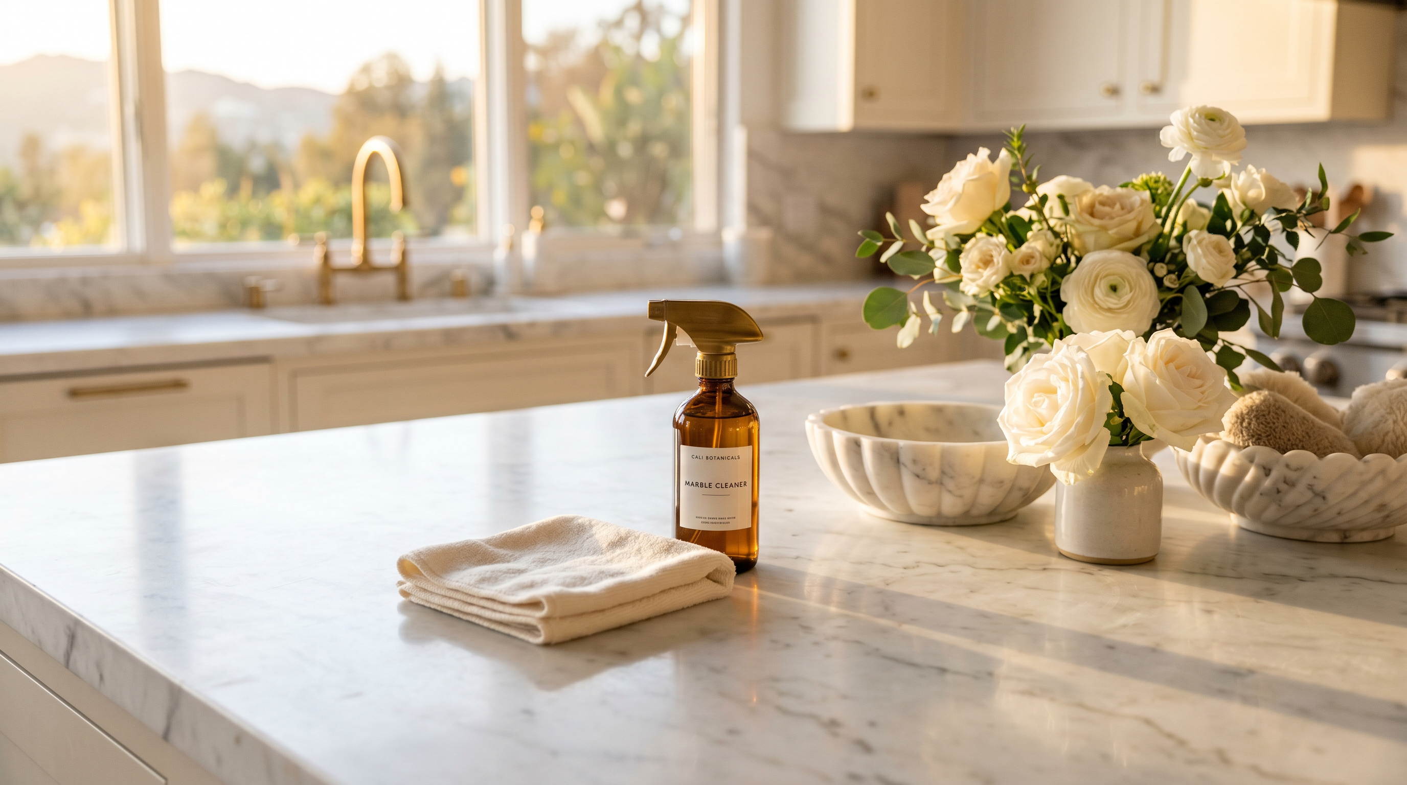 Sunlit white Carrara marble kitchen countertop with a microfiber cloth, a stone-safe marble cleaner, and fresh flowers in golden-hour light
