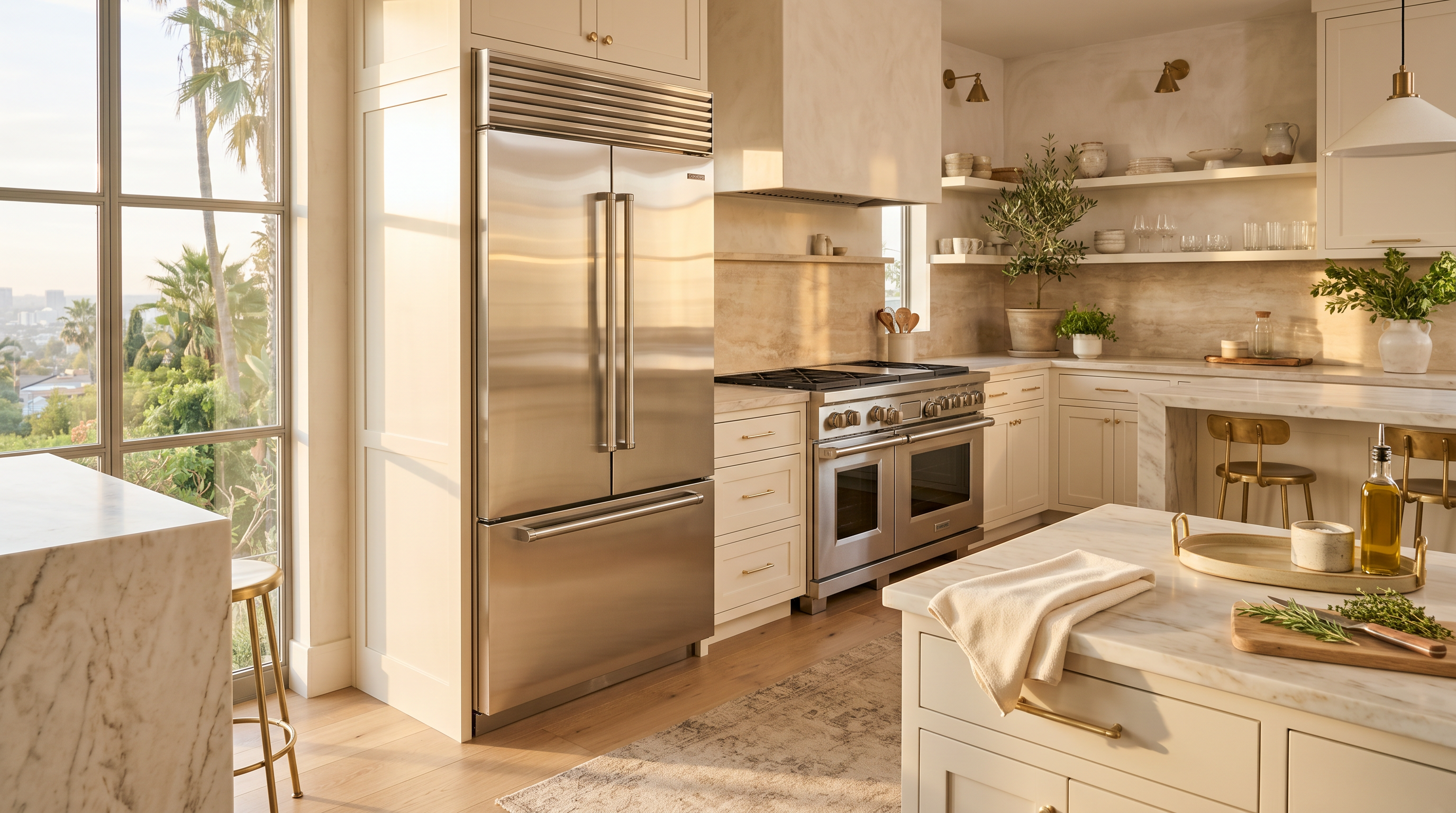 Gleaming stainless steel refrigerator and range in a sunlit luxury Los Angeles kitchen at golden hour