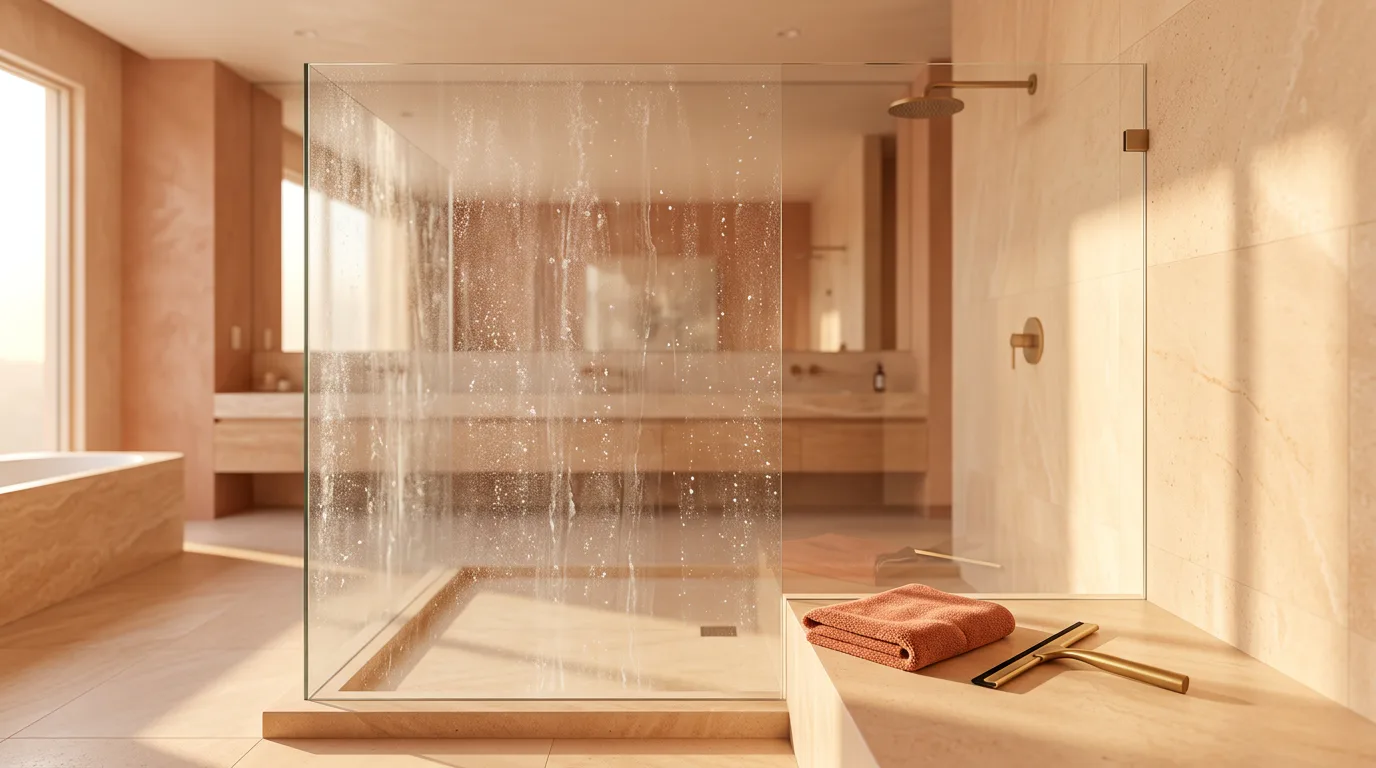 Golden-hour Los Angeles bathroom with mineral spotting on one section of frameless shower glass and a clean section beside it
