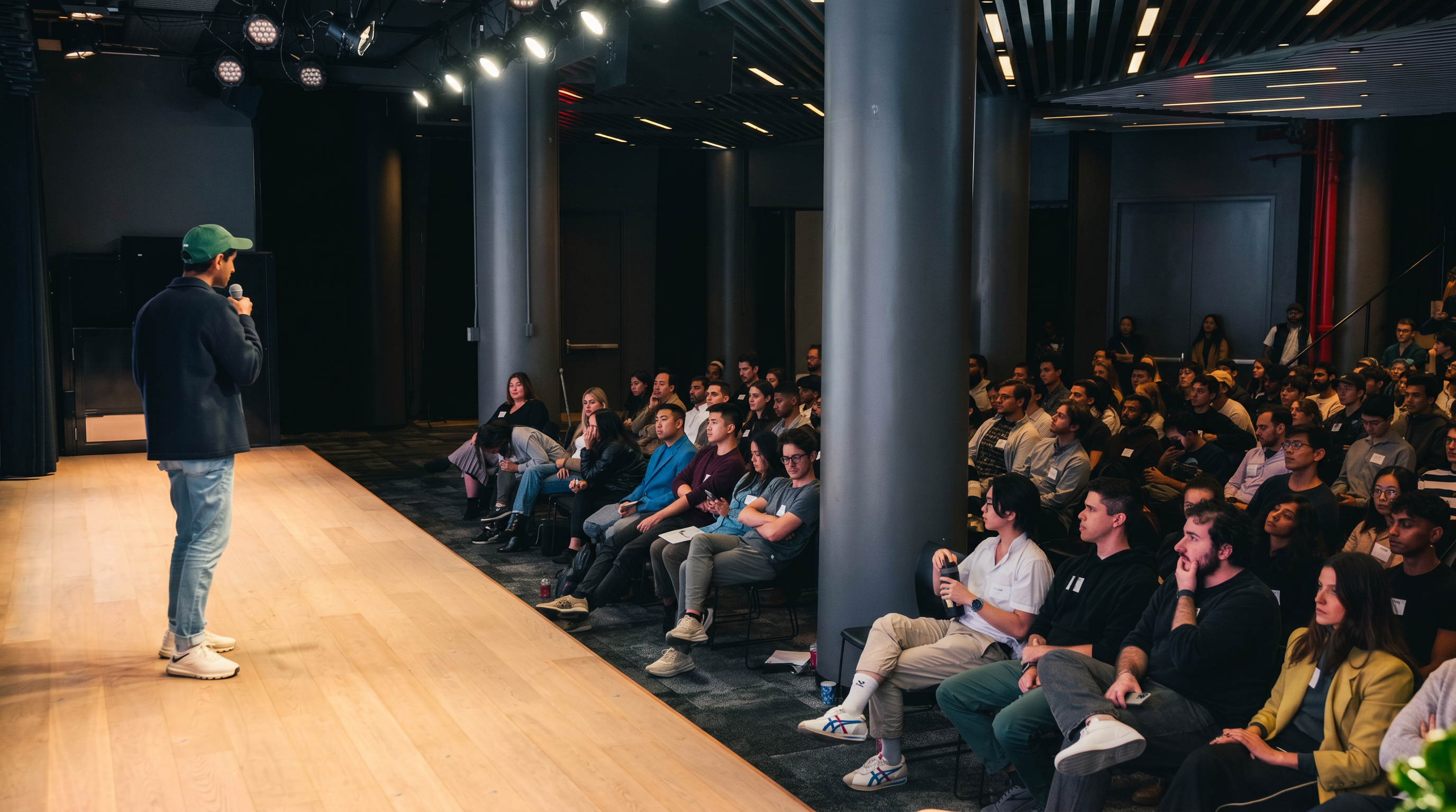 A founder pitching on stage to a packed audience at an FYSK showcase