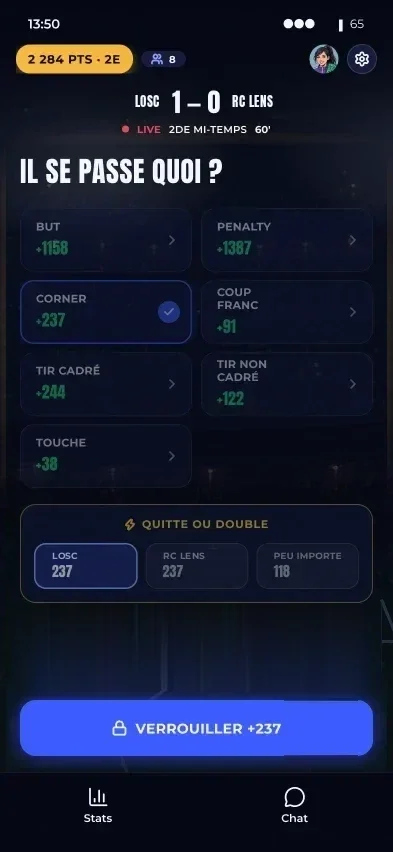 Écran Winble en direct « Il se passe quoi ? » avec le call corner choisi, le quitte ou double et le bouton Verrouiller +237