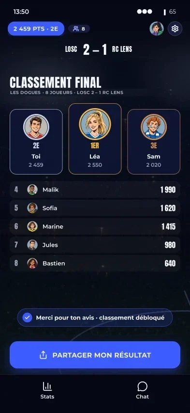 Écran Winble du classement final avec le podium de la ligue et le bouton Partager mon résultat