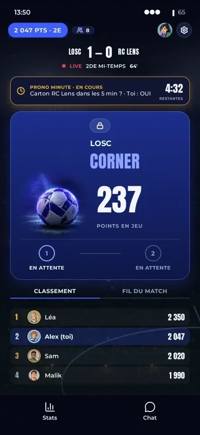 Écran Winble en direct avec un call corner en attente, un prono minute en cours et le classement de la ligue