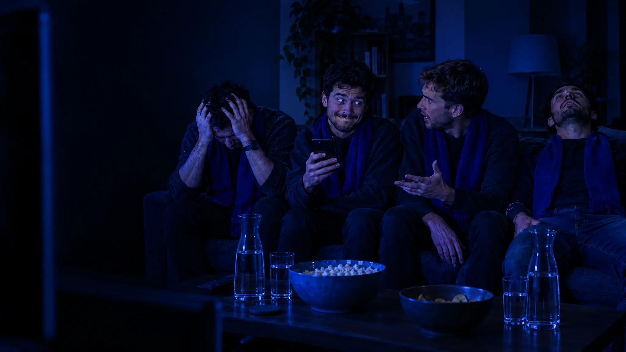 Dans un salon de nuit, trois potes en écharpe sont dépités devant le match pendant que l'un d'eux, téléphone en main, cache mal un sourire coupable