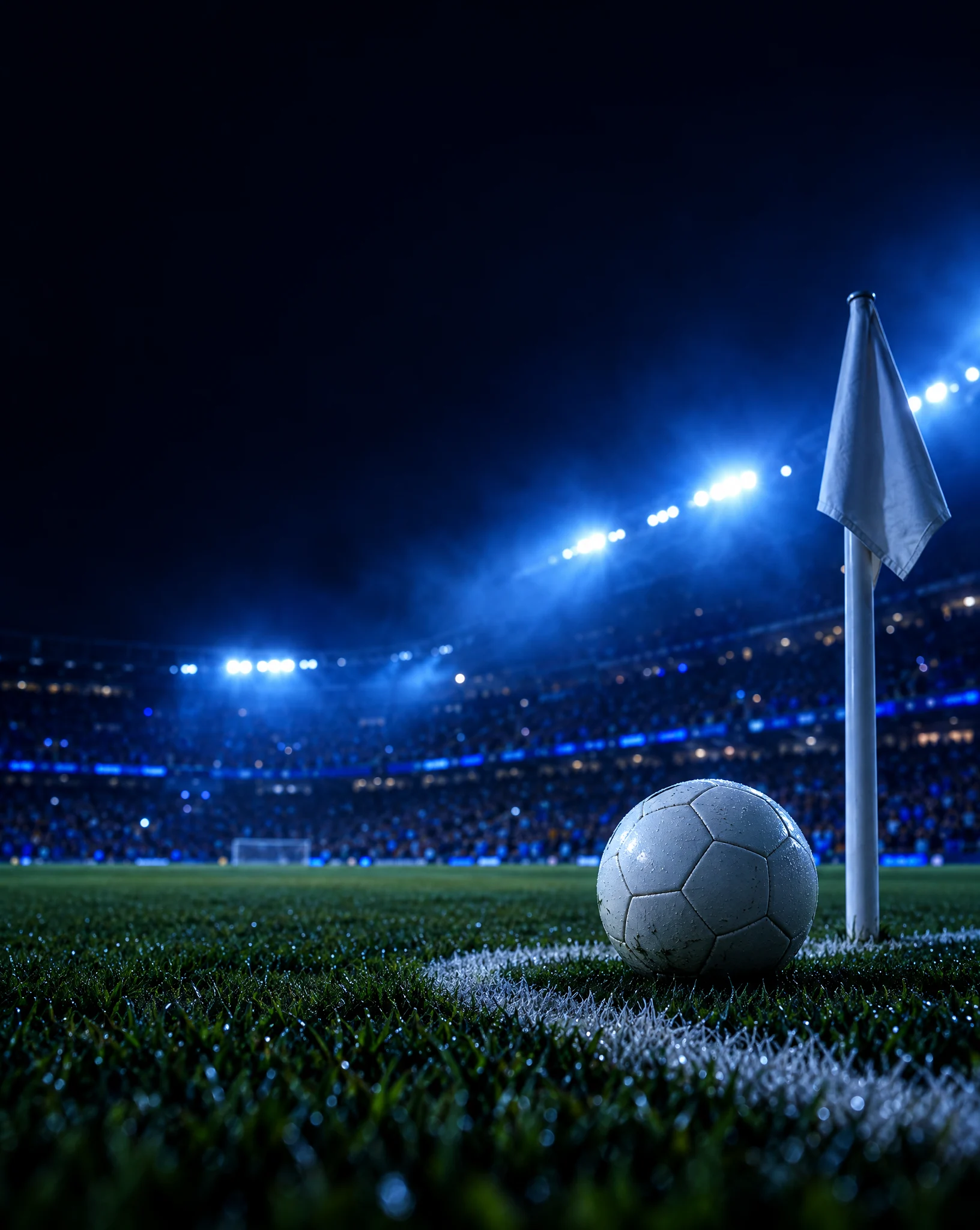 Un ballon posé sur l'arc de corner, drapeau de coin et tribunes illuminées de bleu dans un stade de nuit