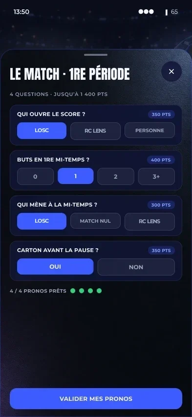 Écran Winble des pronos d'avant-match pour la première période : qui ouvre le score, buts, qui mène, carton