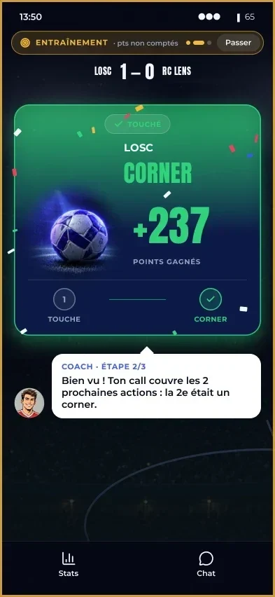 Écran Winble de verdict touché : corner pour le LOSC, +237 points gagnés