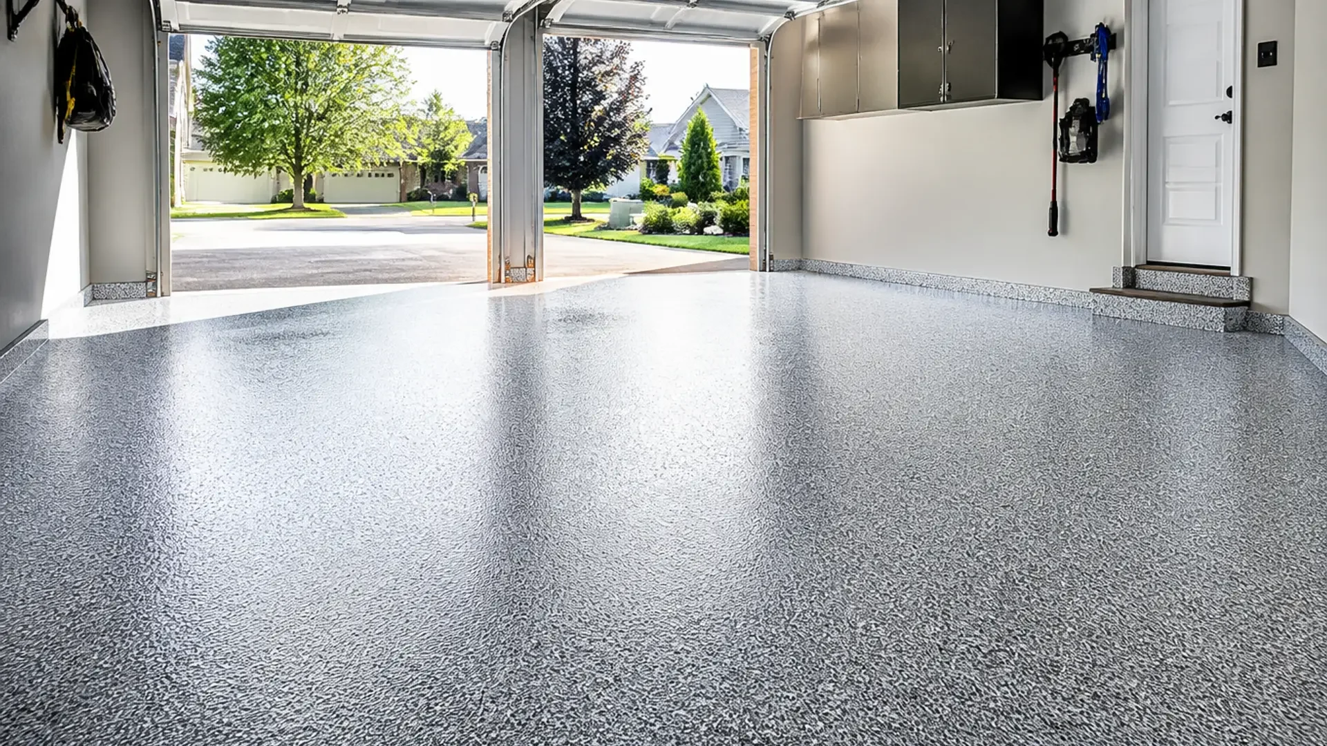 Illustrative image of a gray flake-coated garage floor with open garage doors looking out to a residential street