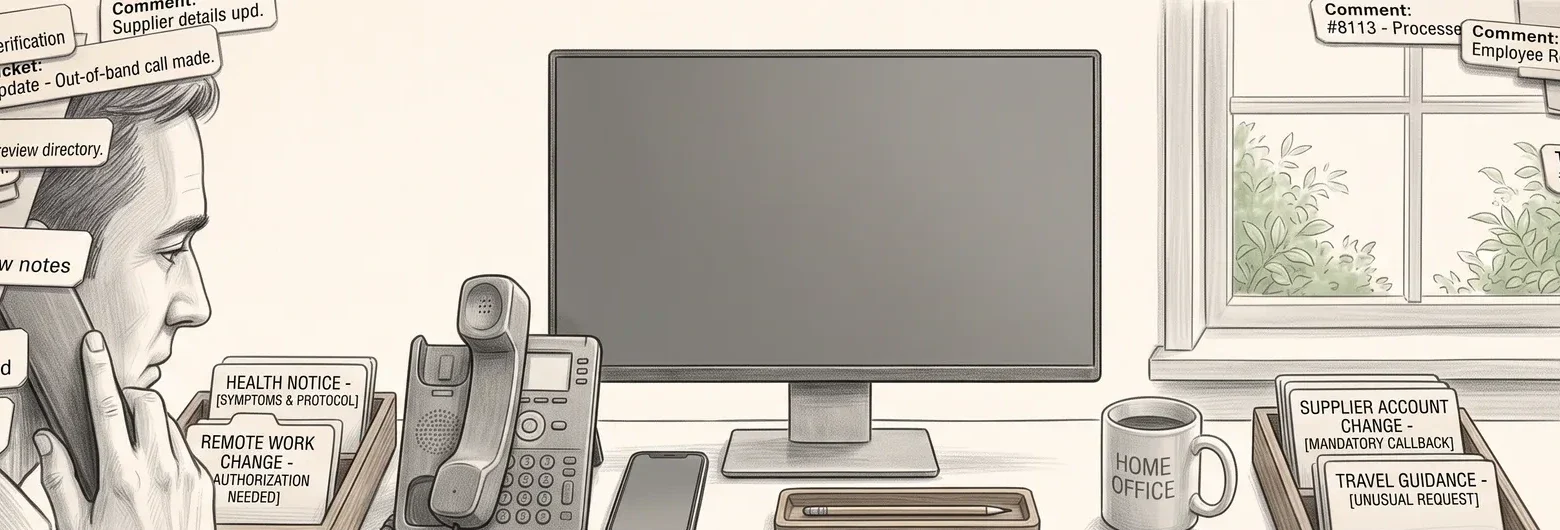 Conceptual pandemic-era home desk with a worker using a separate phone beside health, remote-work and supplier-change pretext cards.