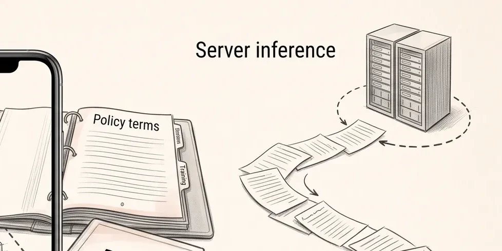 Conceptual graphite server-inference paper path beside policy terms with retention and training tabs, not a Proton interface.