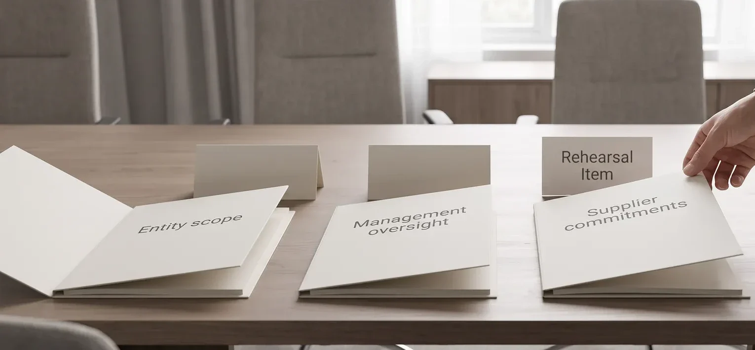 Conceptual governance review folders for entity scope, management oversight and supplier commitments with a rehearsal item card.