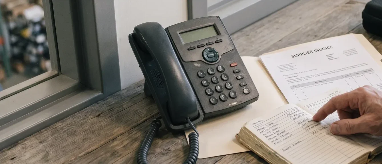 Illustration of a small distributor verifying a supplier instruction against a known-number address book beside a telephone.
