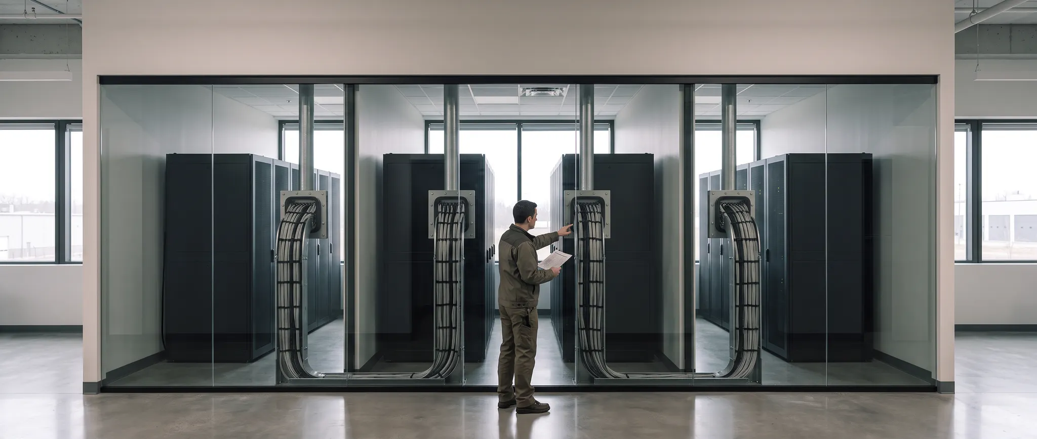 Illustration of a technician tracing separate cable routes into hardware bays behind a glass partition.