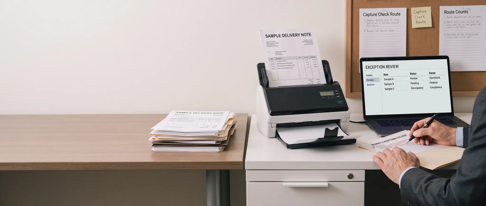 Illustration of a sample delivery note being scanned while a human reviews an exception queue.