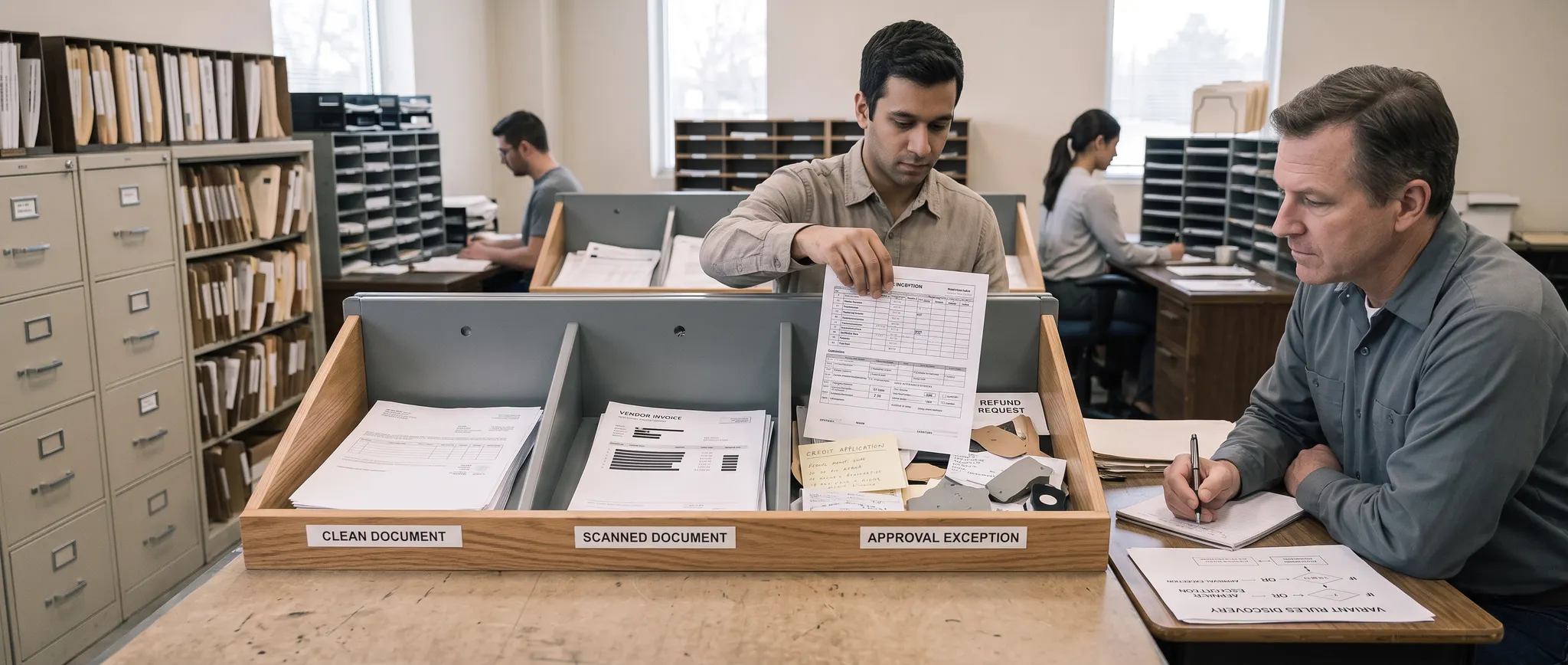 Illustration of transaction inputs sorted into clean, scanned and approval-exception trays while an observer records decision rules.