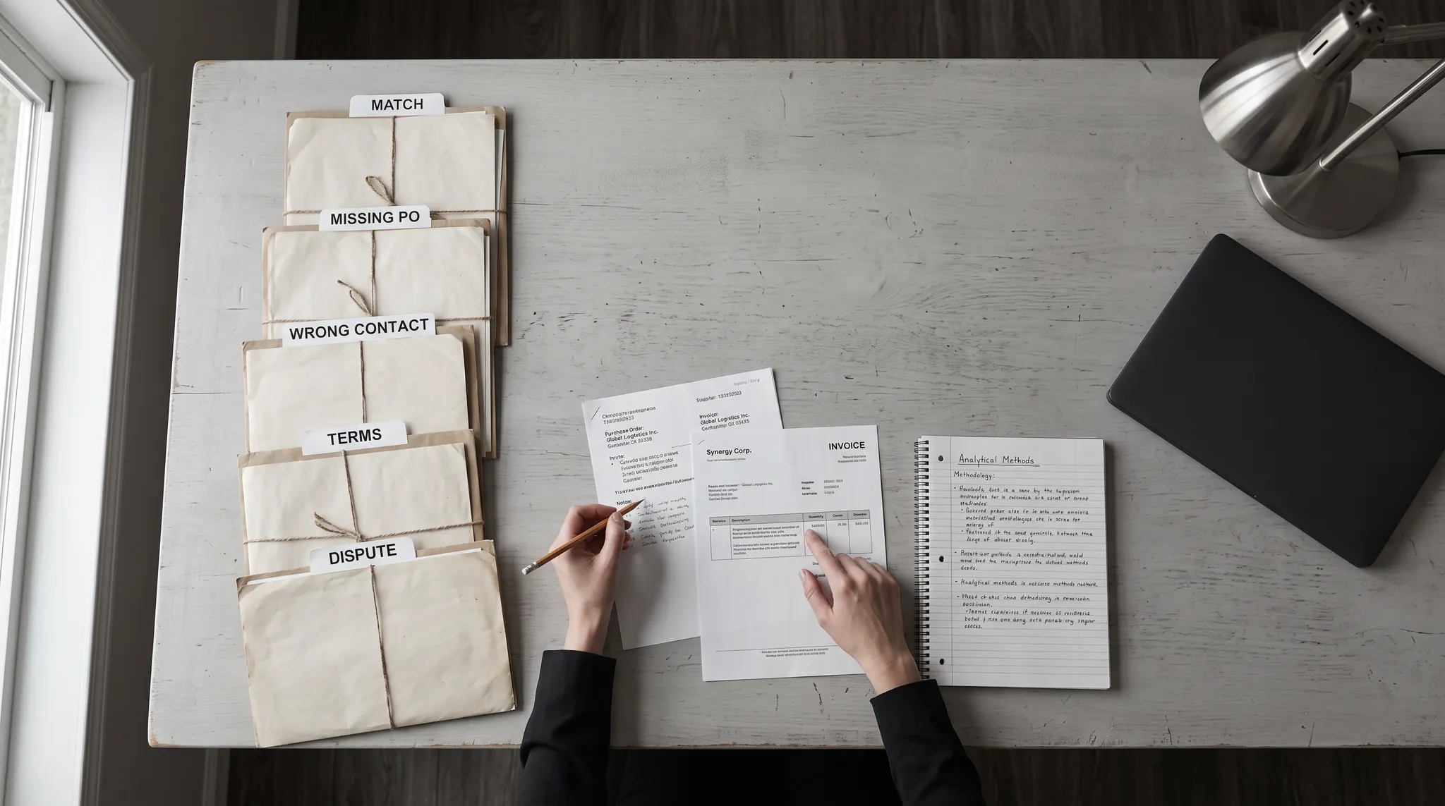 Analyst sorts marked example invoices by upstream exception cause, with a methods notebook rather than a statistical dashboard.