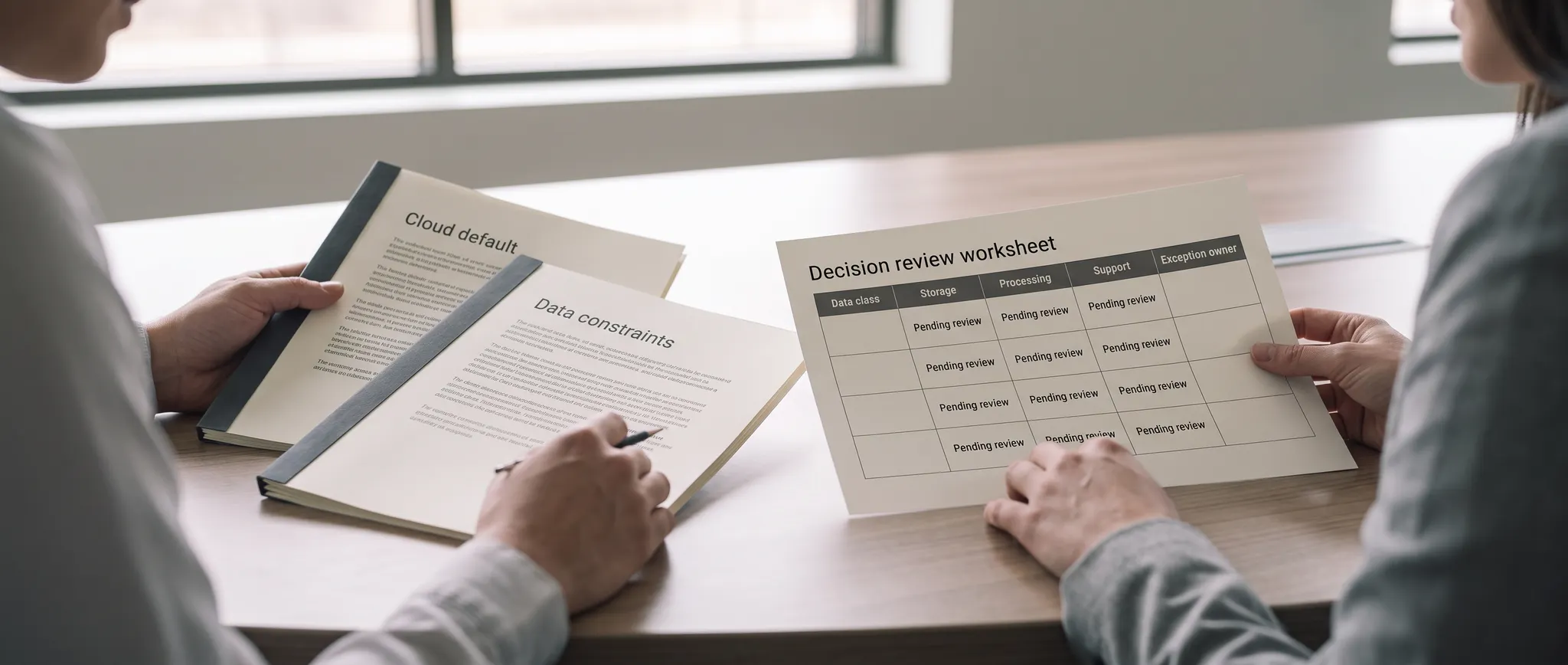 Illustration of comparing cloud-default and data-constraint policies against one shared decision-review worksheet.