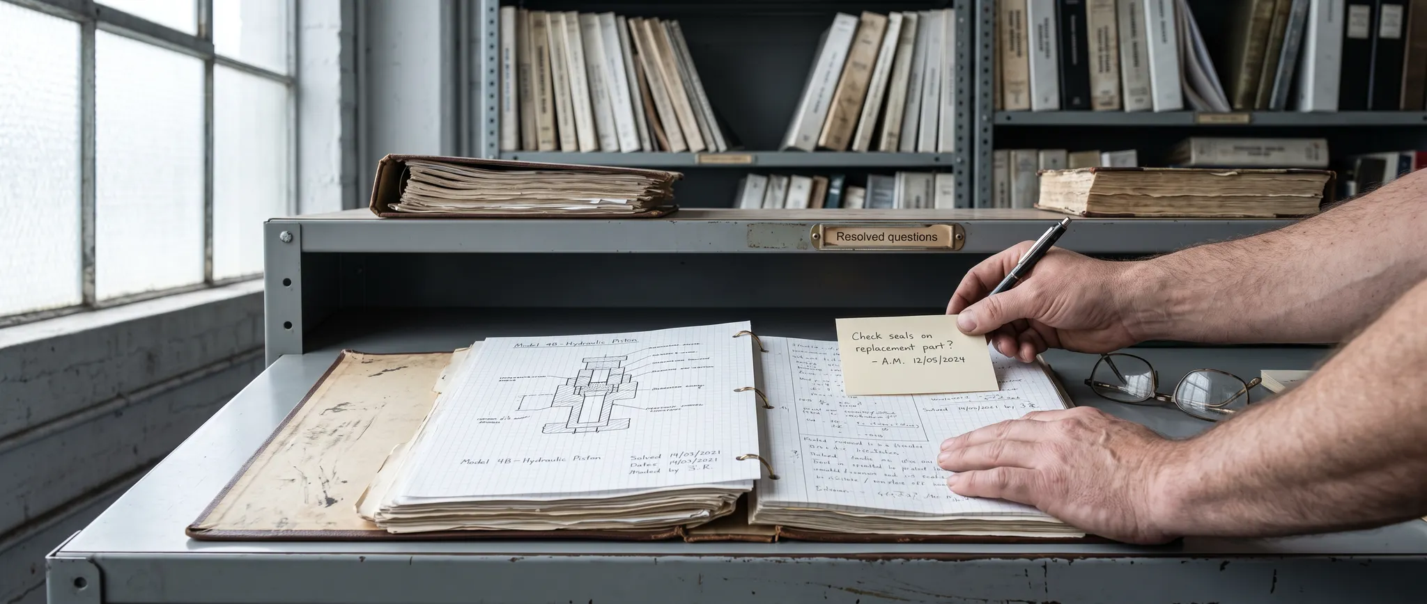 Illustration of a technician reusing worked repair notes from a resolved-questions library.