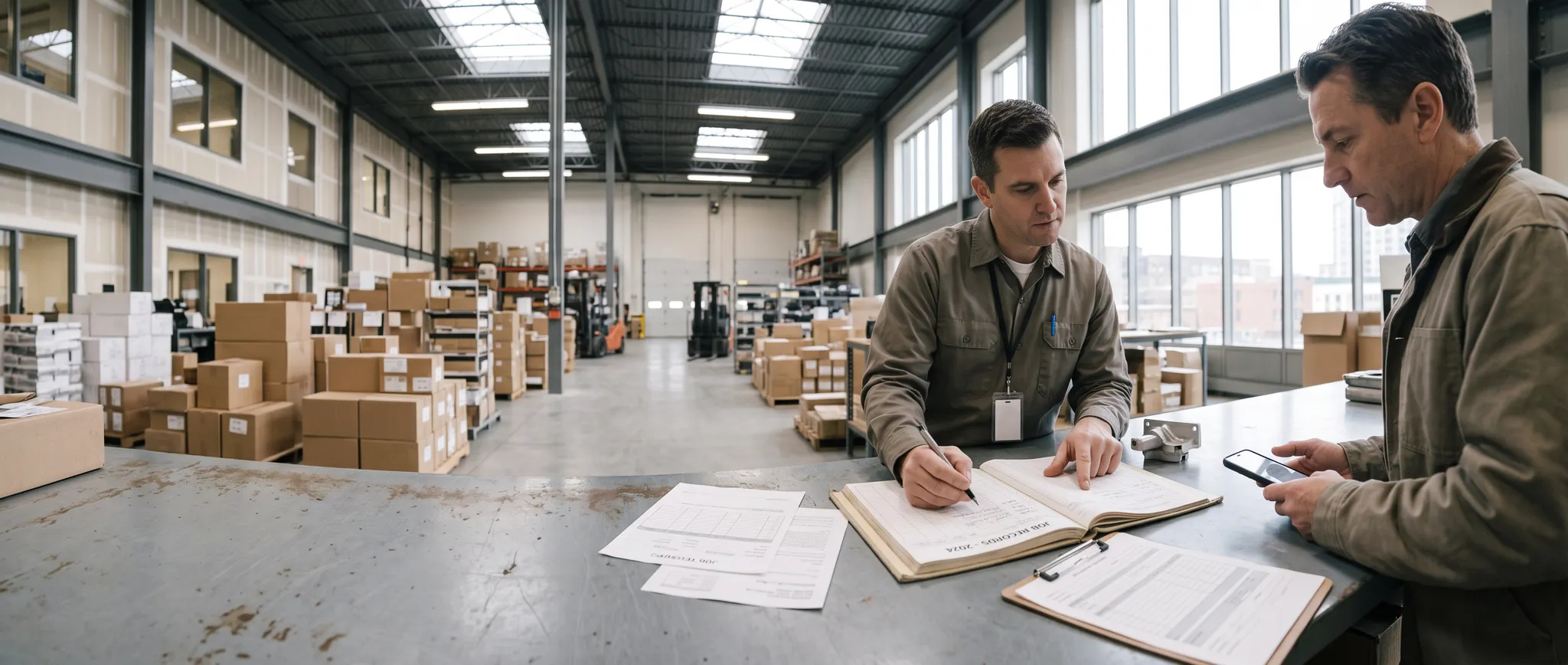 Illustration of a supplier and customer recording a delivery commitment at a service counter, with a phone and paper job record.