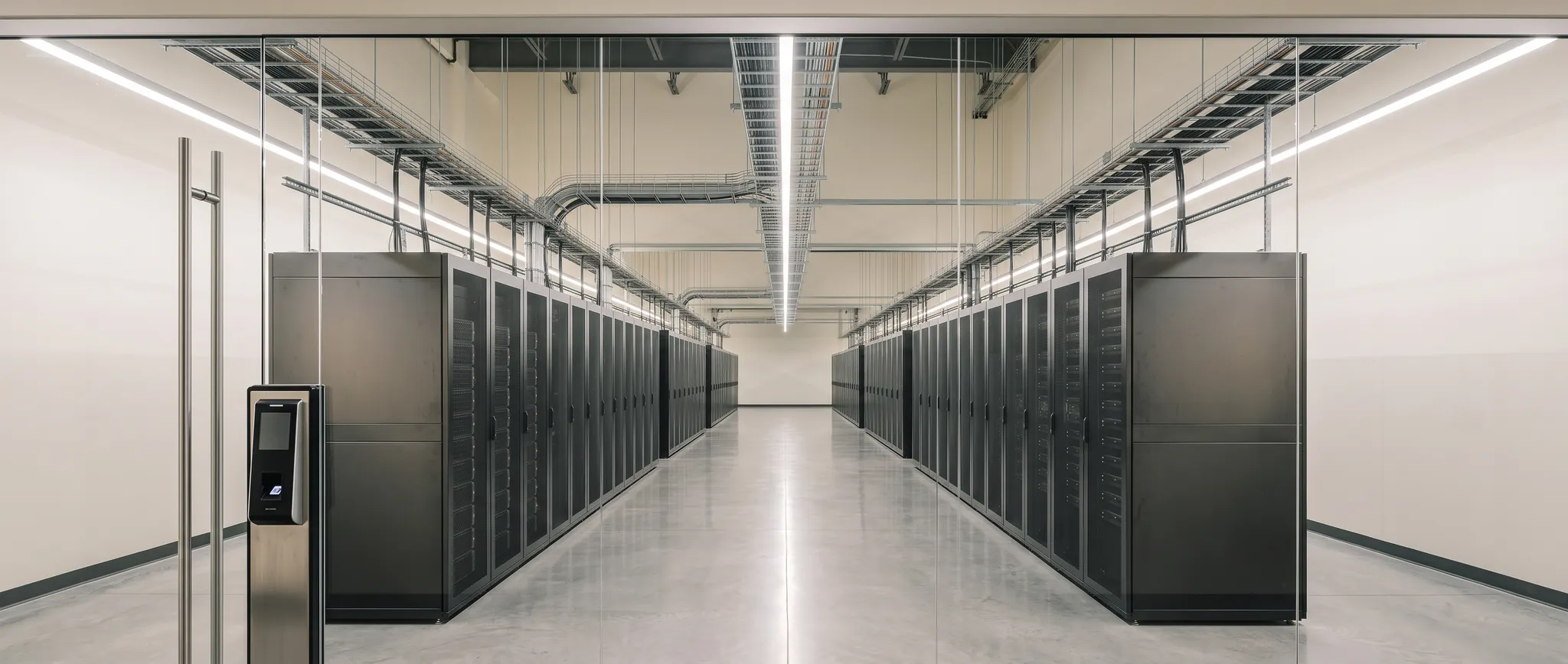 Editorial illustration of server infrastructure behind a controlled-access glass boundary
