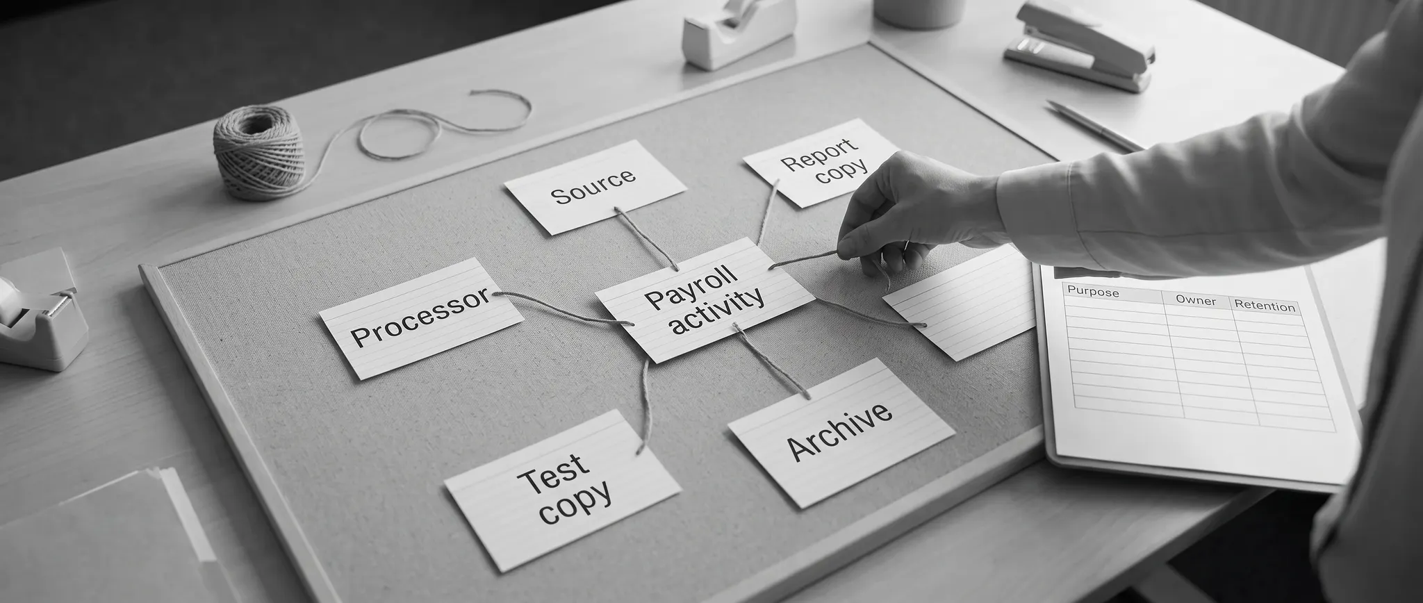 Illustrative payroll-activity mapping across source, processor, archive, report and test copies with blank ownership fields.