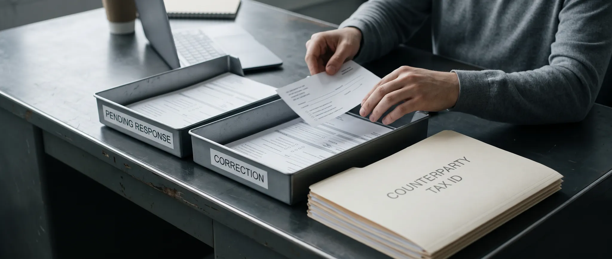 Illustrative staged invoice response and correction queues beside a counterparty tax-identifier folder.