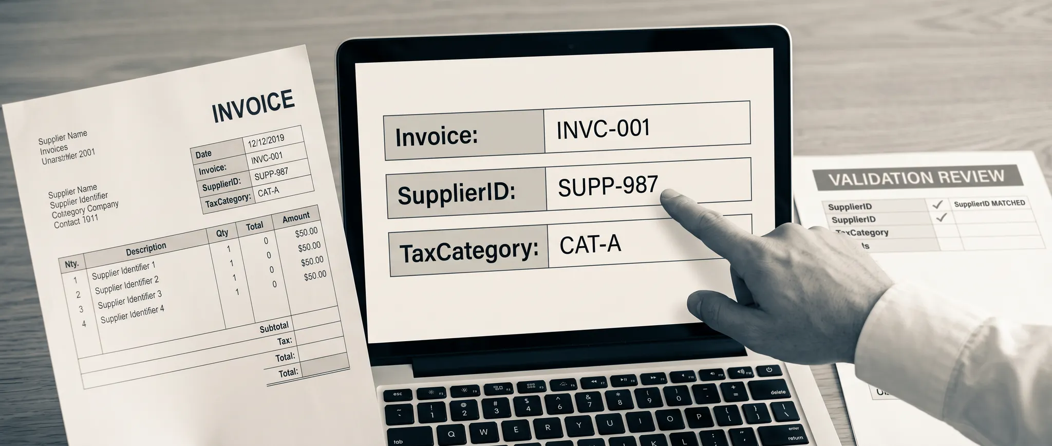 Illustration of a finance reviewer matching invoice supplier fields with a generic digital validation review.