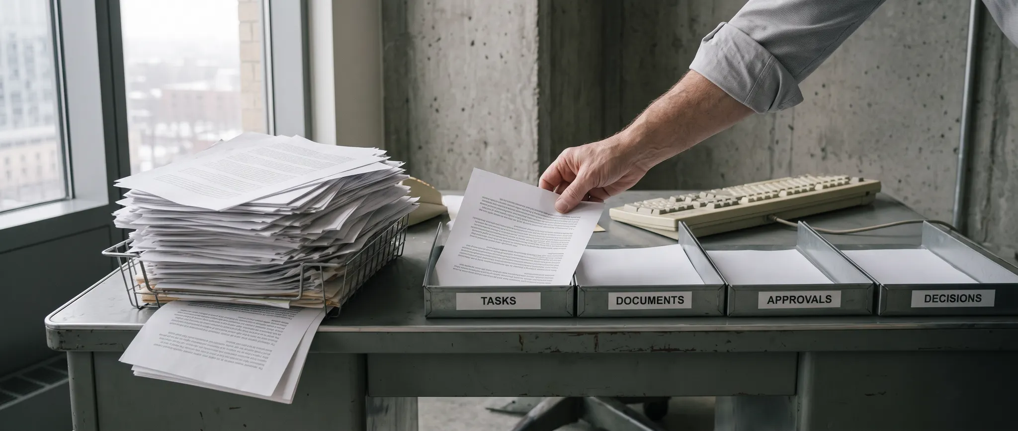 Illustrative scene of correspondence being sorted out of a crowded inbox into task, document, approval and decision trays.