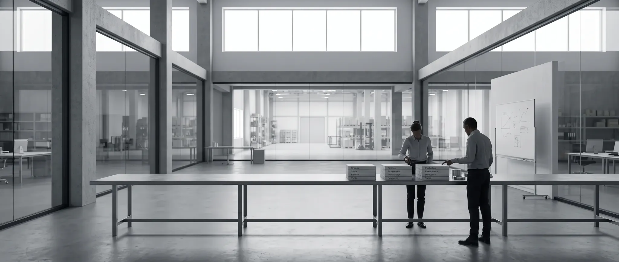 Illustration of operations leaders reviewing ERP process packets beside a factory floor