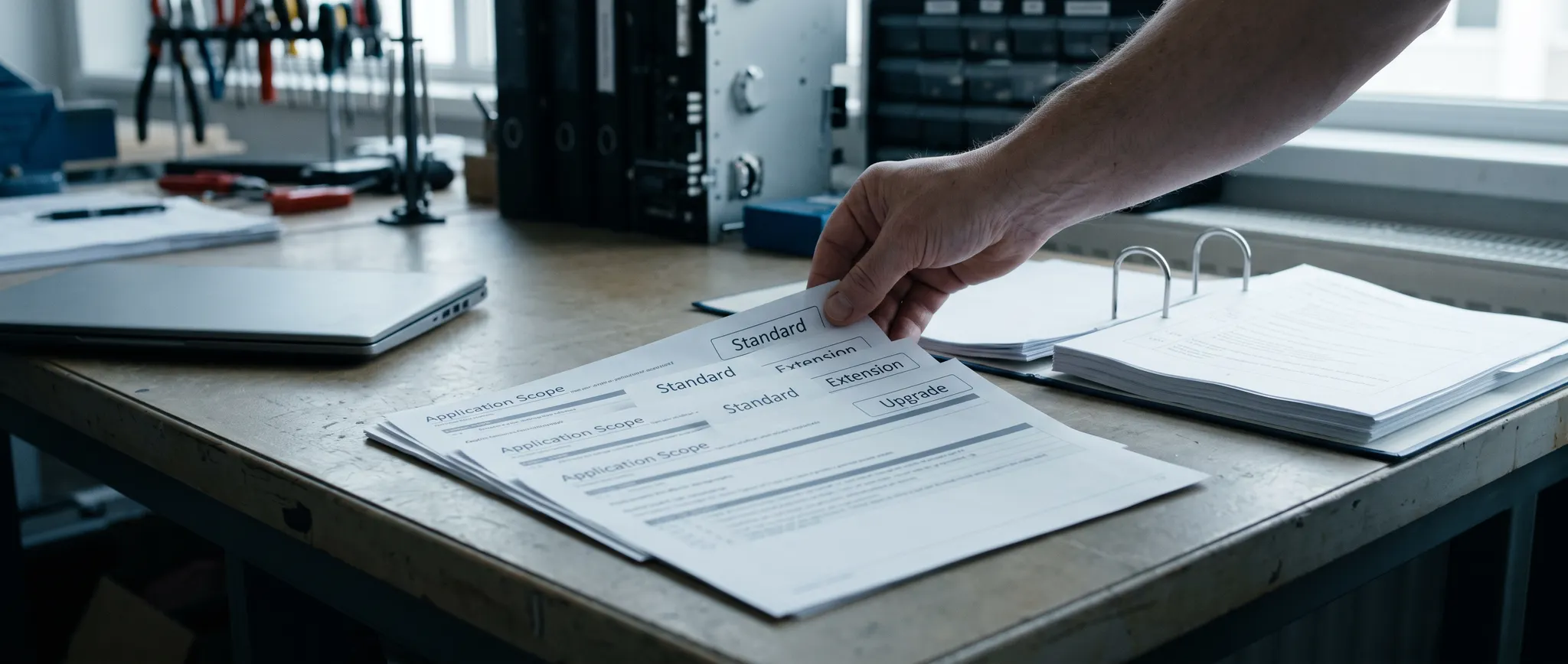 Illustration of application-scope papers, extension and upgrade labels, and a test binder on an ERP deployment workbench.