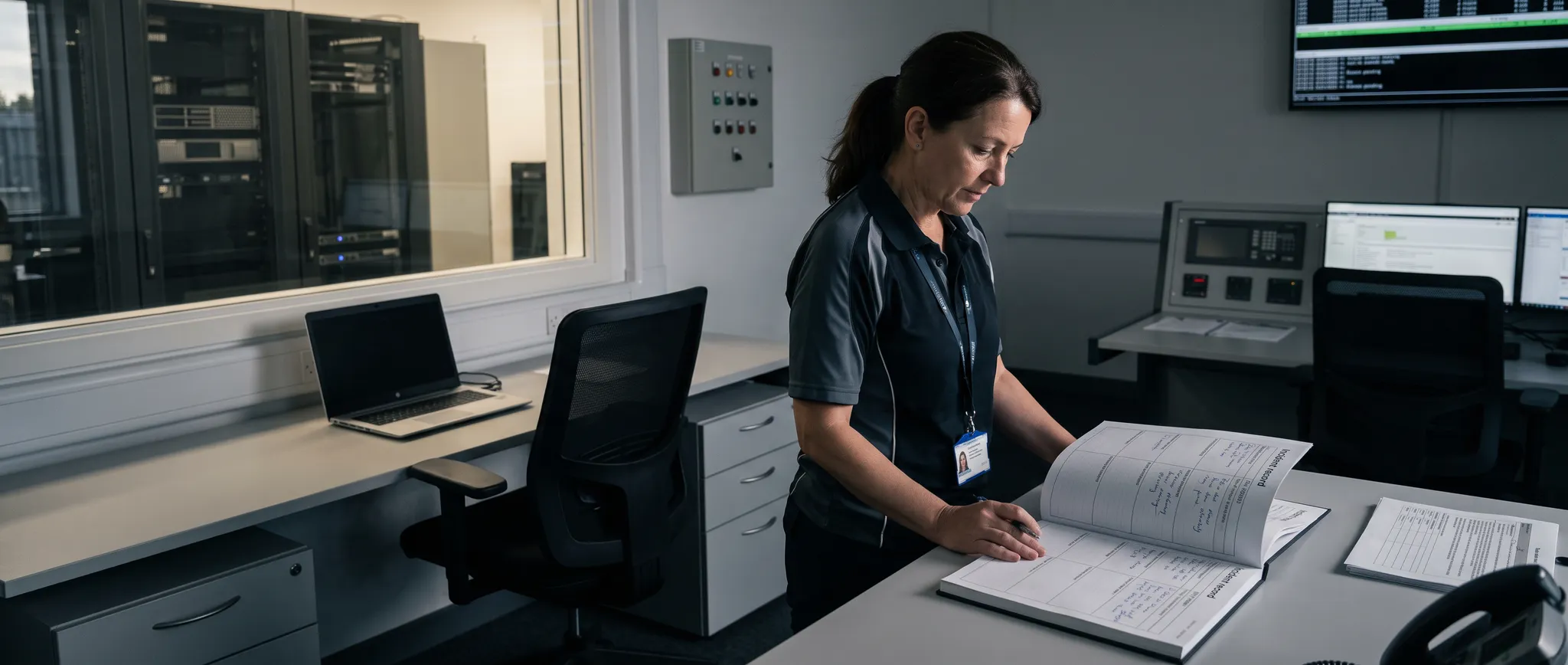 Illustration of an operations engineer reading an incident record during handover in a control room.