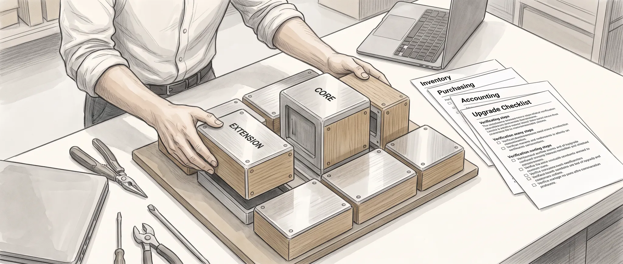 Conceptual illustration of an engineer attaching an extension beside an intact core in a modular ERP maintenance model.