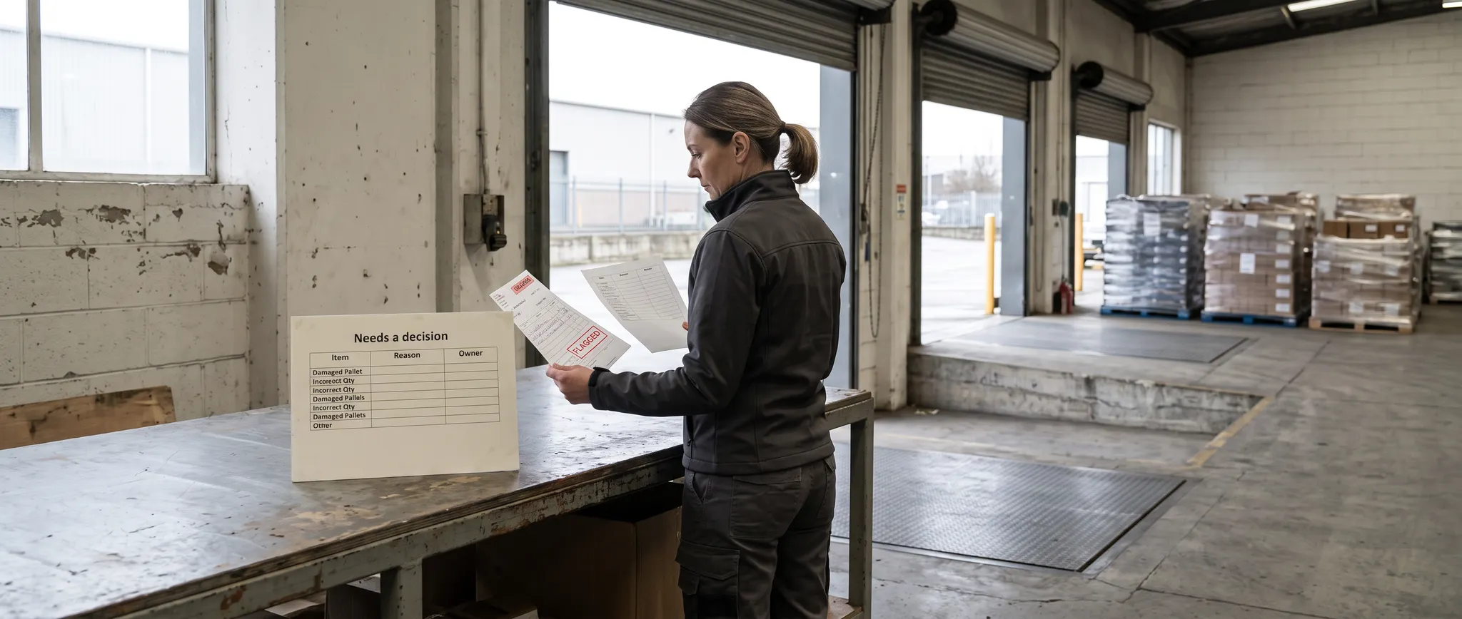 Illustration of a dispatch supervisor reviewing a flagged delivery and an exception list.