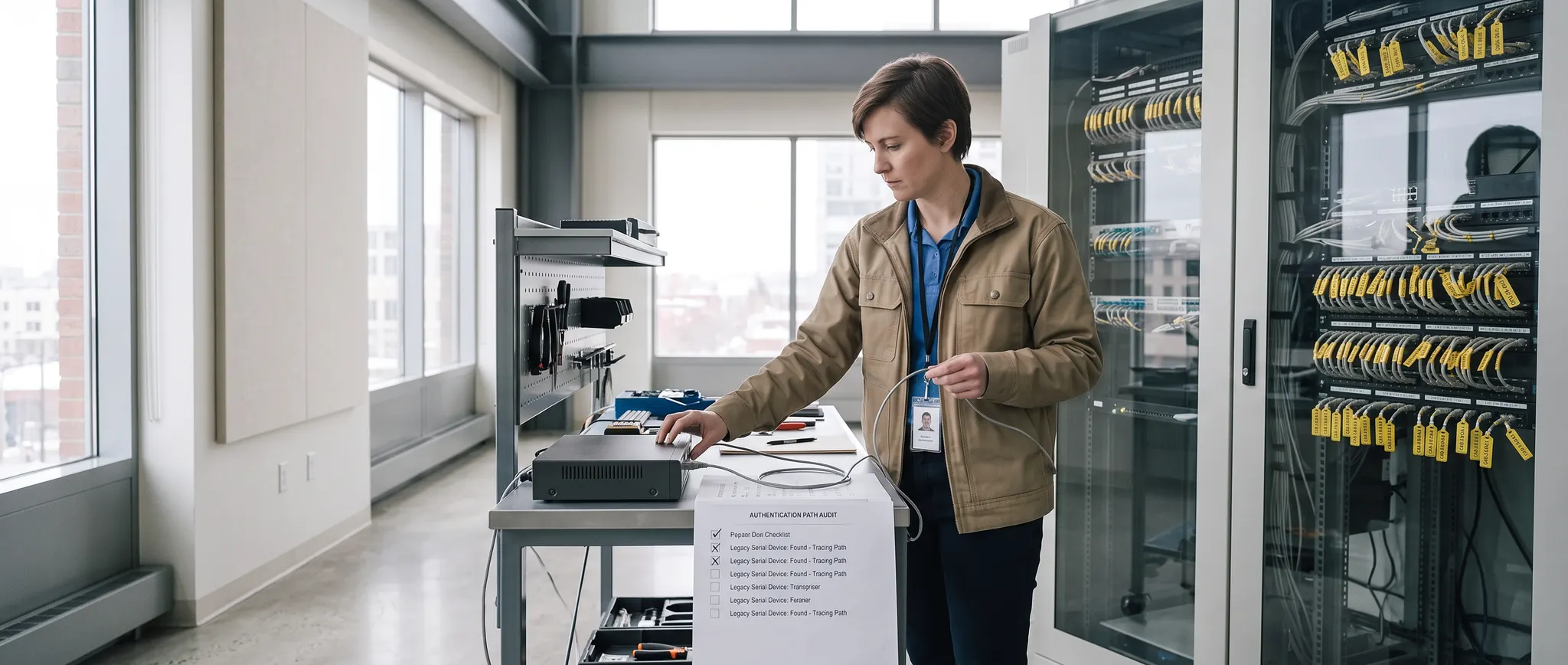 Illustration of an engineer checking an overlooked legacy appliance connection against an access inventory.