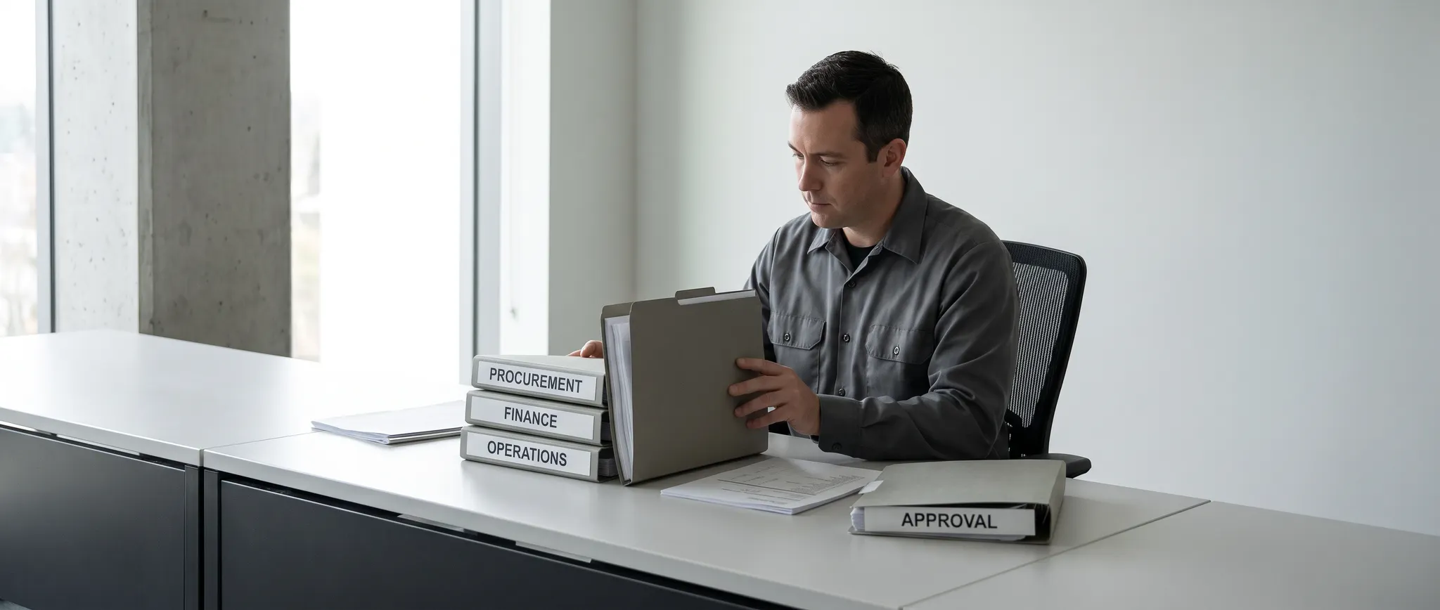 Illustration of a controller checking procurement, finance and operations decisions before final approval.
