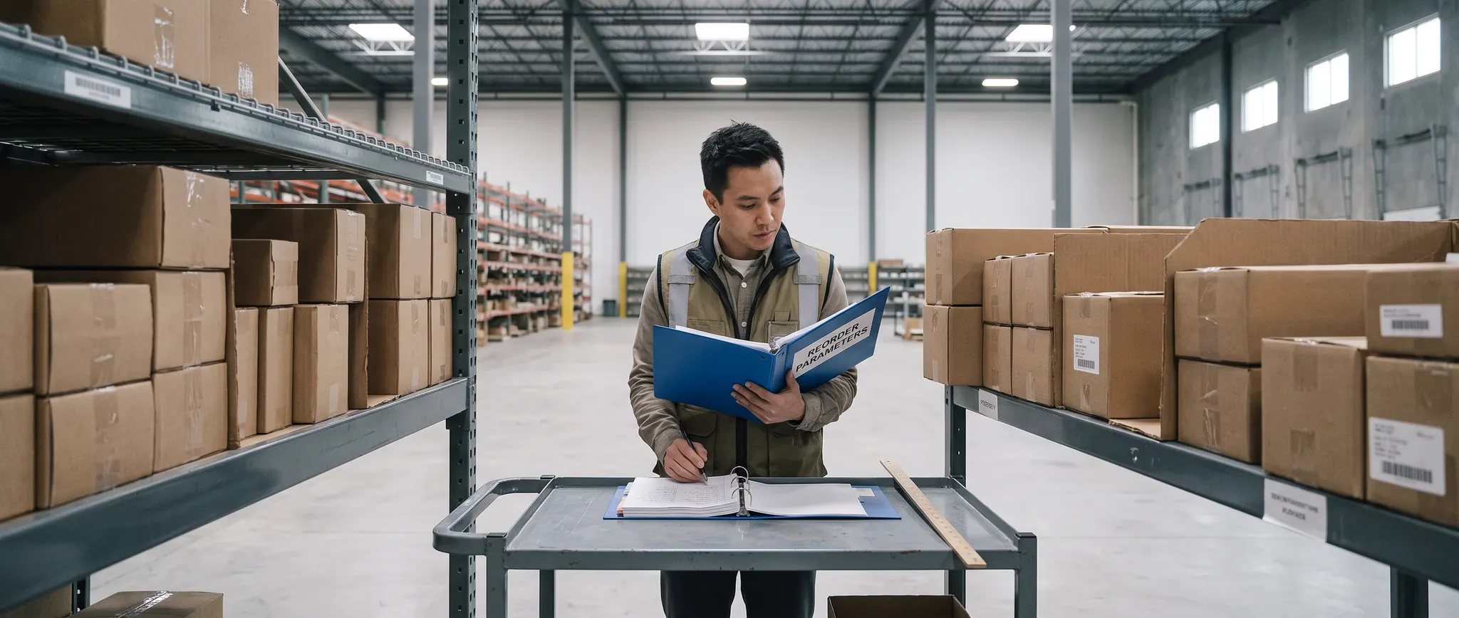 Illustration of an inventory specialist reviewing shelf buffers and reorder parameters.