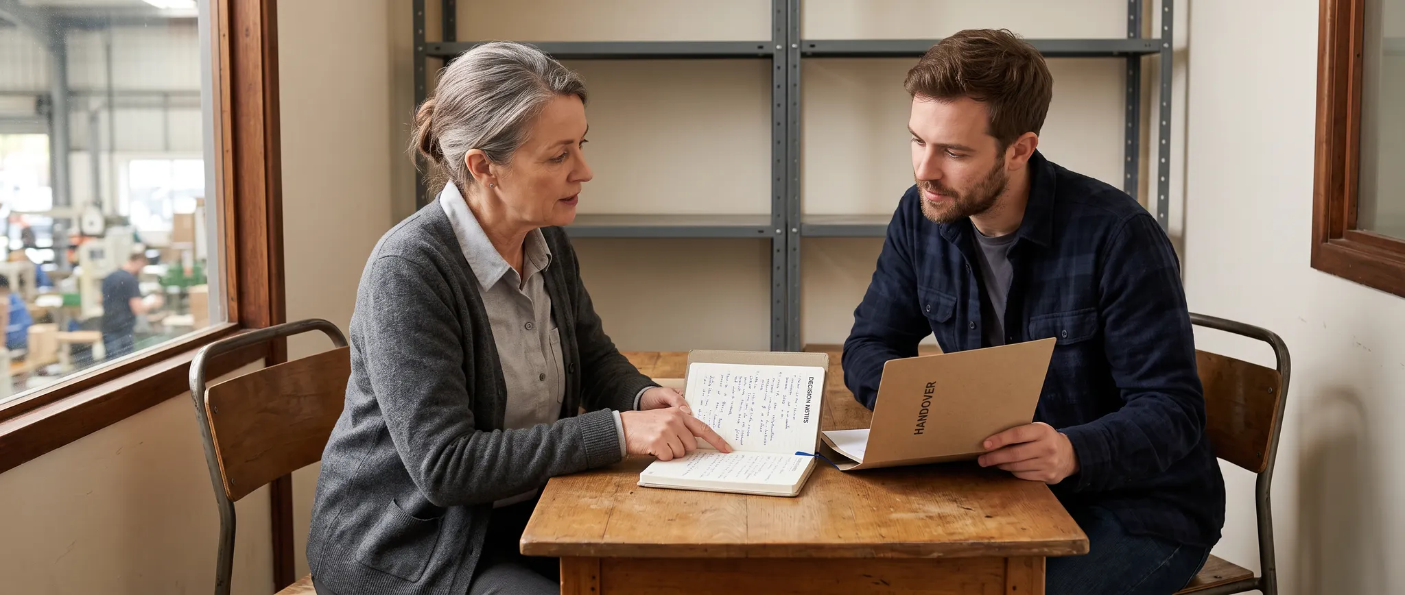 Illustration of a senior colleague explaining decision notes to a successor during handover.