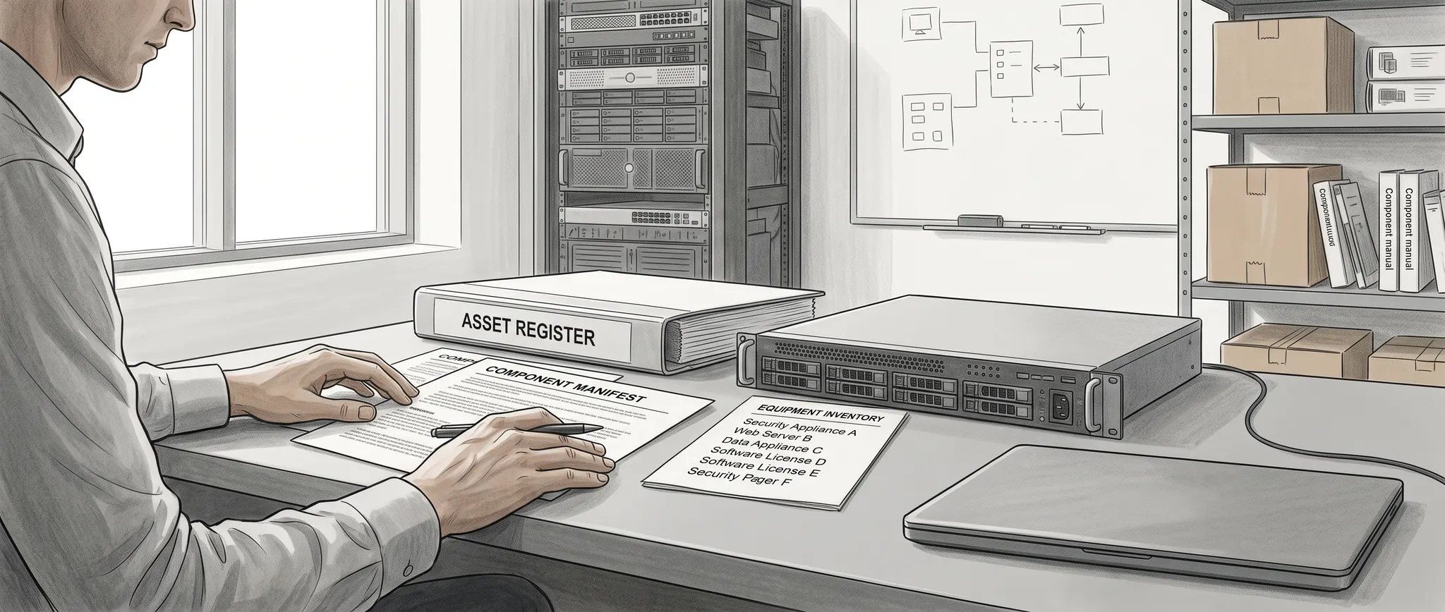 Illustration of a security engineer checking a component manifest and asset register beside network appliances.