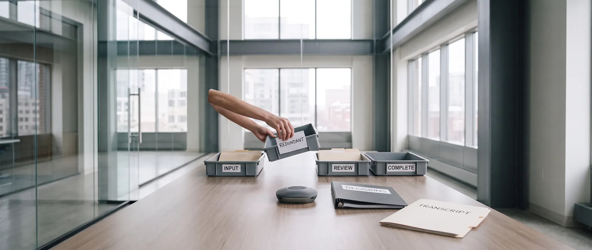 Illustration of a finance analyst removing a redundant document tray from a transaction queue.