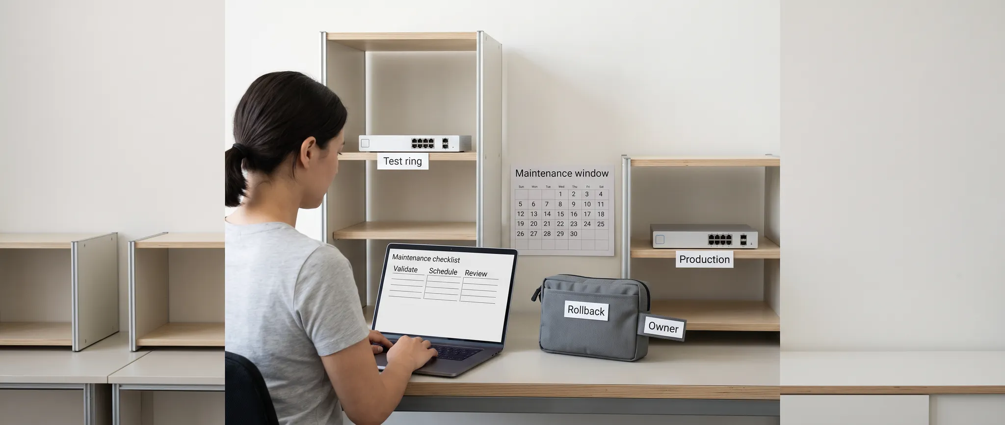 Conceptual technician reviewing a maintenance checklist between test-ring and production devices with a rollback pouch and owner tag.