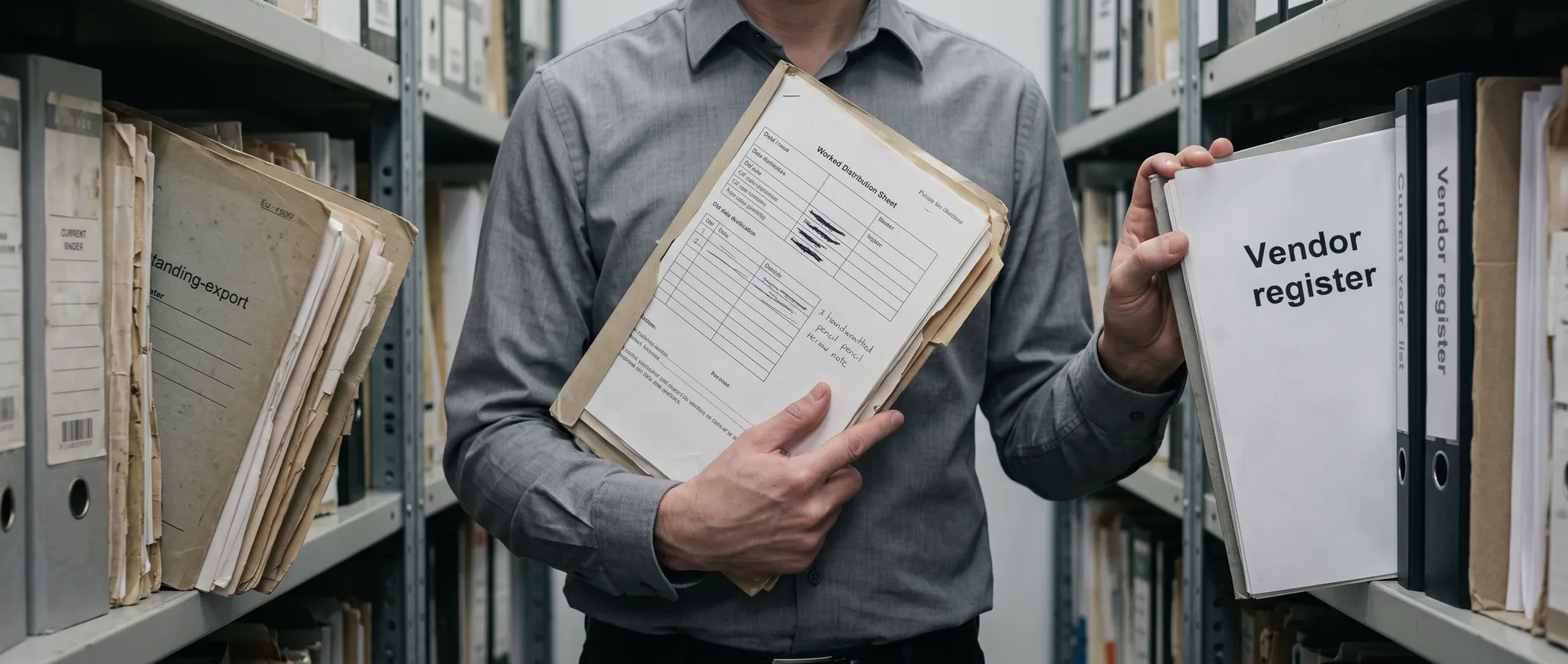 Reviewer compares a standing-export folder with a vendor register, an illustration of dormant data-flow discovery.