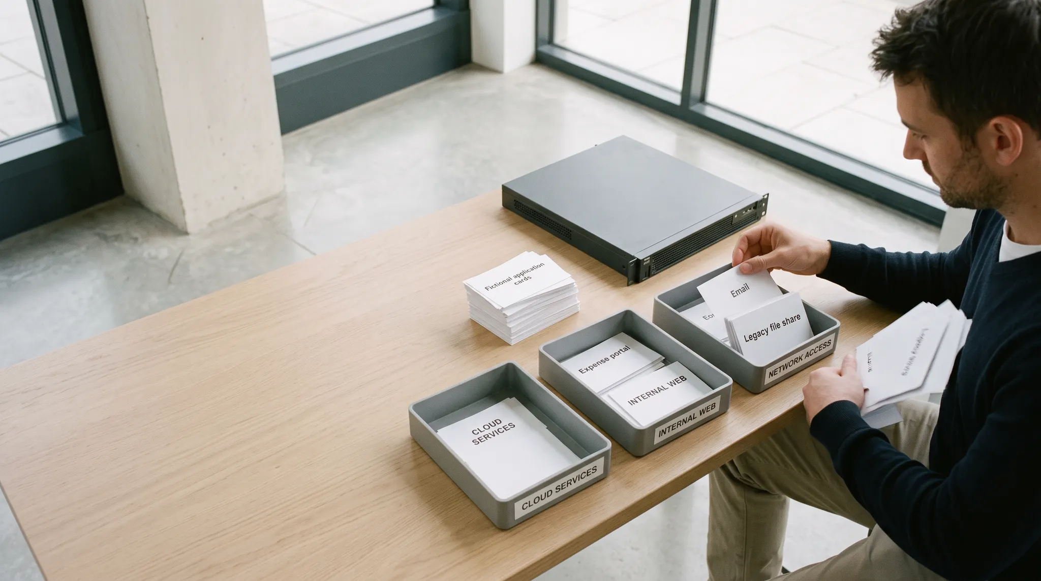 Analyst sorts illustrative application cards into cloud-service, internal-web and network-access review trays; sorting is in progress.