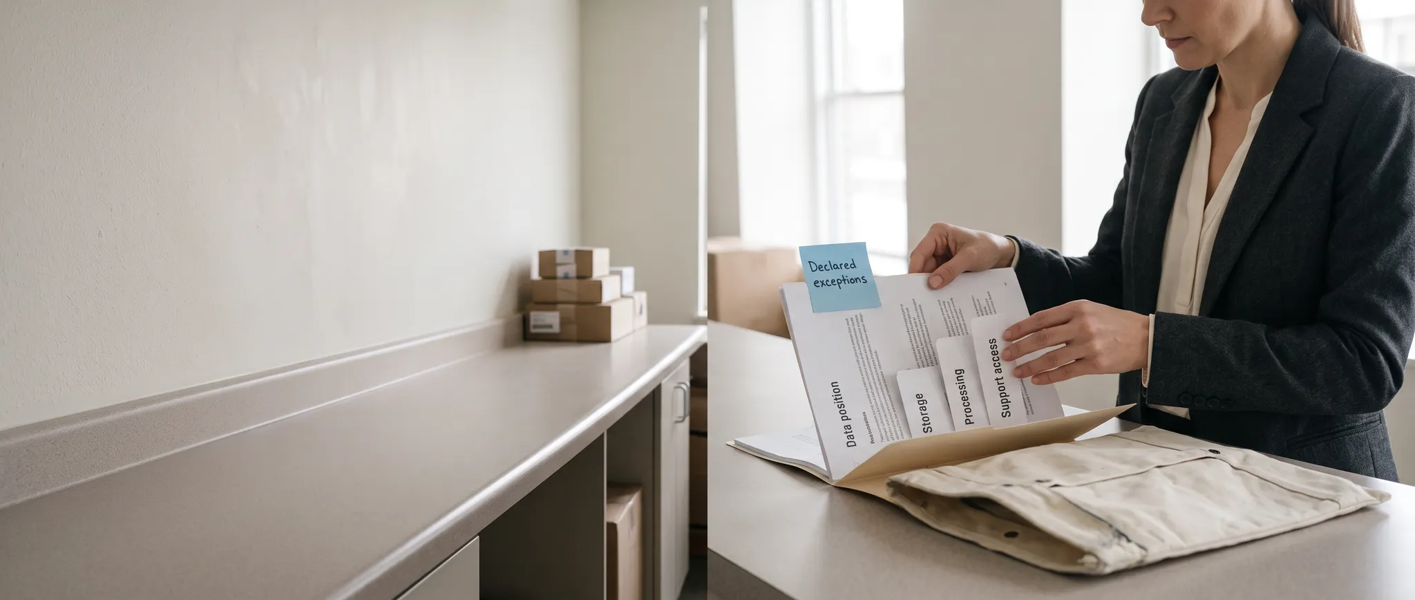 Illustration of a procurement reviewer preparing a Data position sheet with storage, processing, support-access and declared-exception tabs.