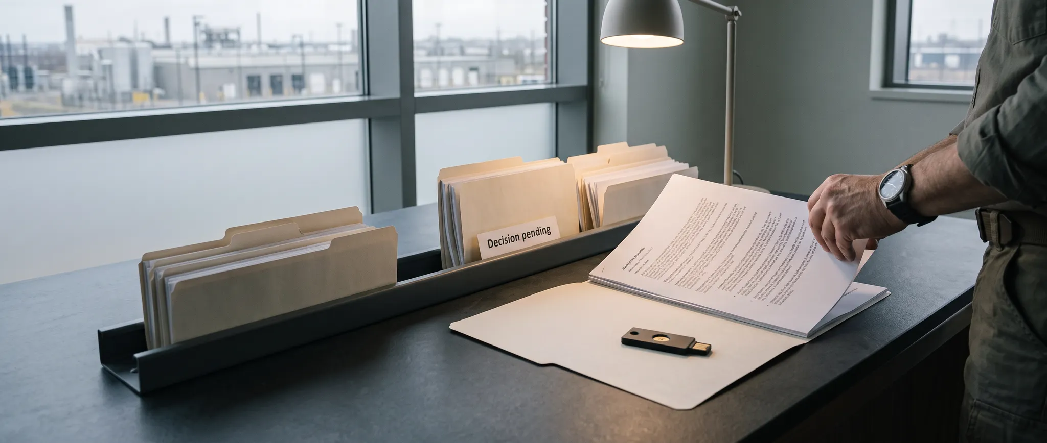 Illustration of incident folders awaiting a human decision beside a hardware authentication key.